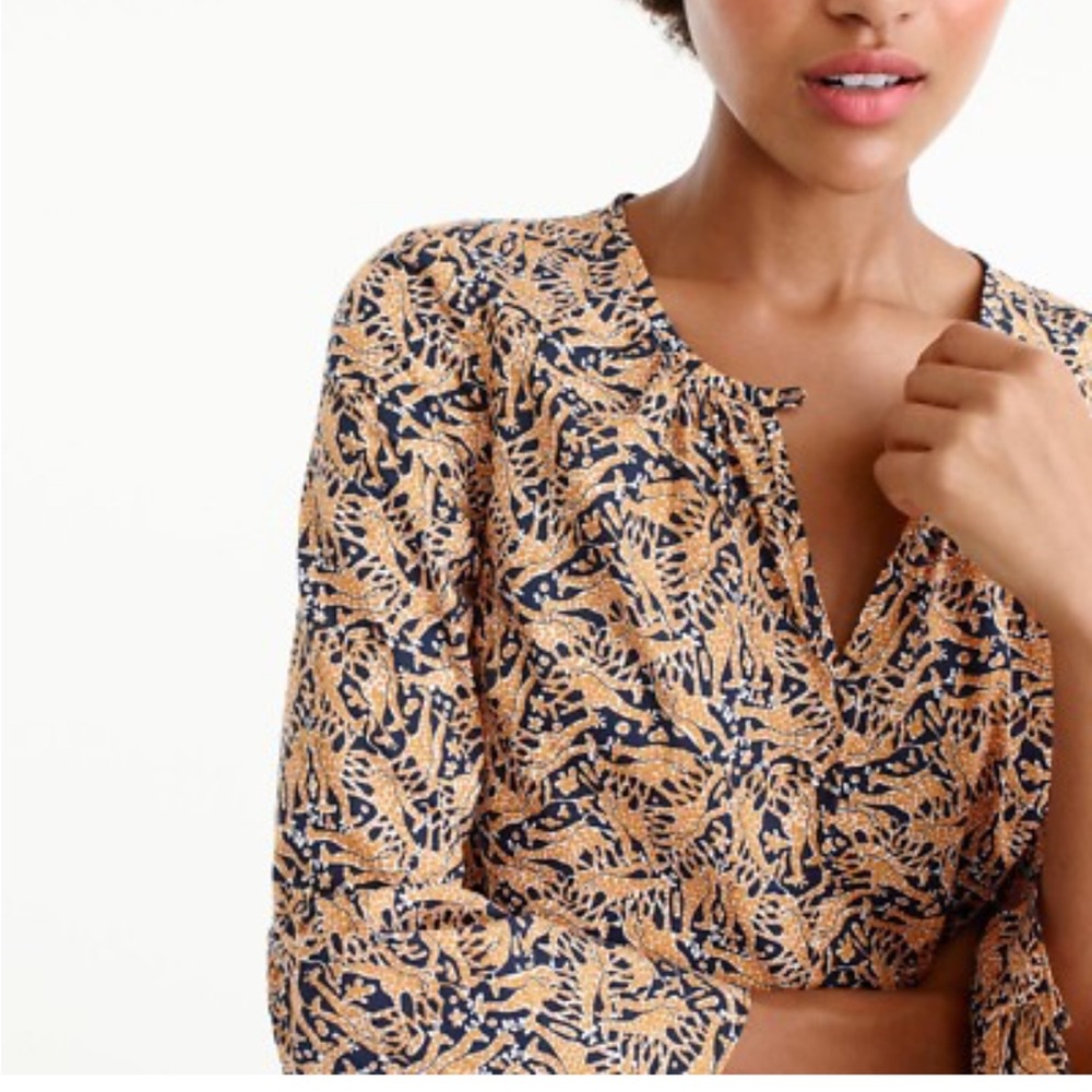 J. Crew Navy and Tan Printed V-Neck Blouse